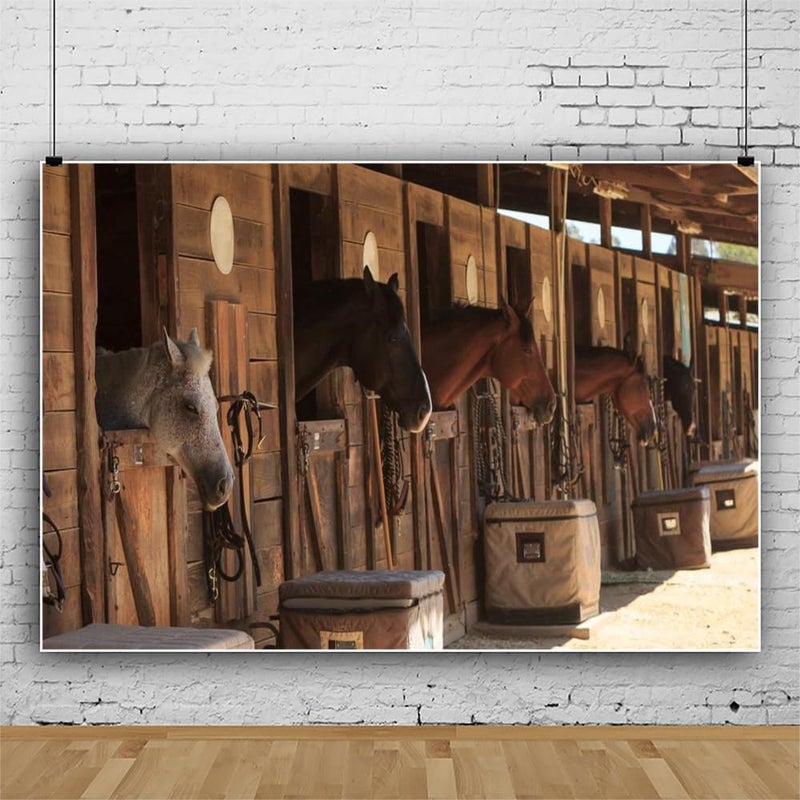 Laeacco Stable Backdrop 7x5ft Vinyl Photography Background - Stud-Farm Horses Scene - Farm Country Village Rustic Rural Theme - Cowboy Portrait Background Prop - Image 3